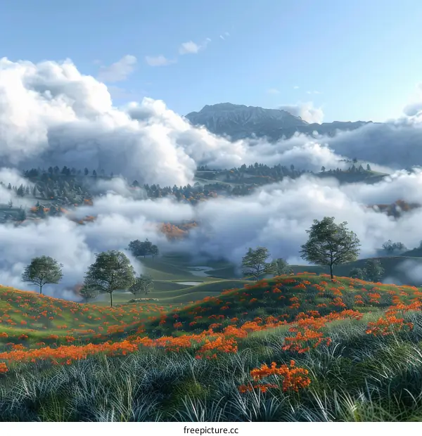 Misty Mountain Valley with Orange Flowers