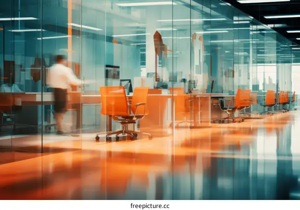 Blurred motion of people walking in a busy office