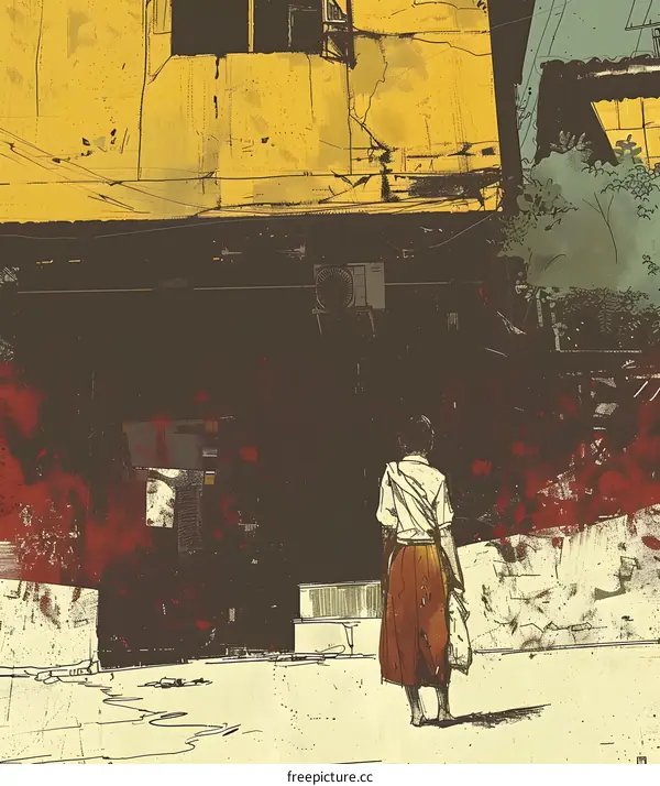 Woman Walking Away From An Old Building