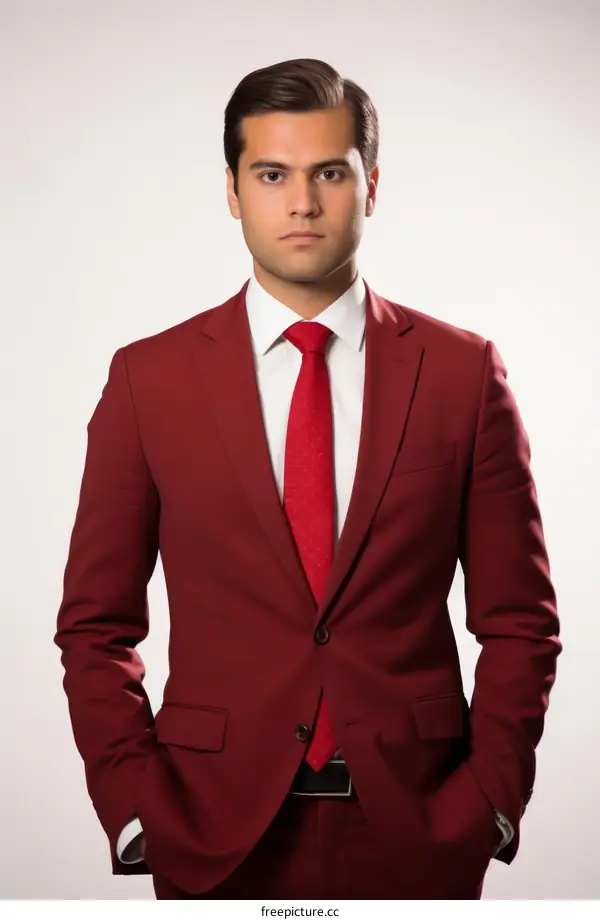 Young professional man in red suit with hands in pockets