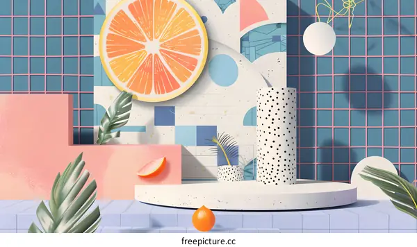 Abstract 3D Illustration with Geometric Shapes and Citrus Fruits