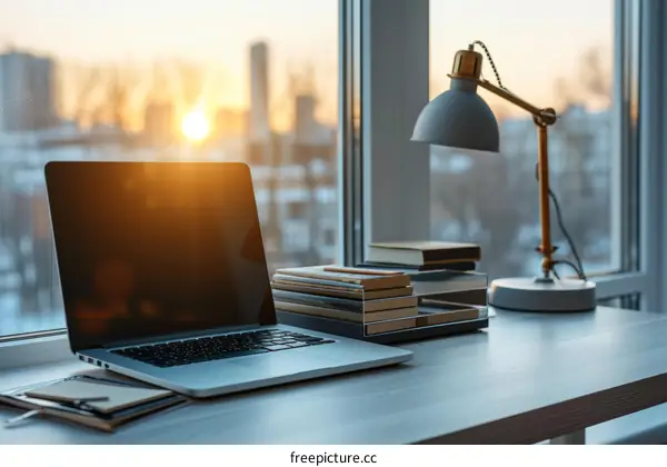 Laptop and books on the table with sunset in the window