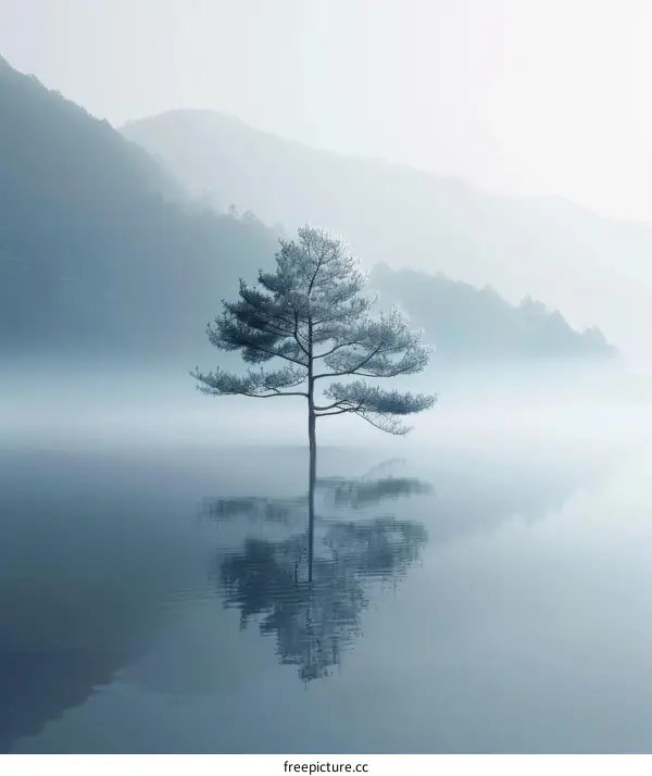 A Solitary Tree in the Midst of a Misty Mountain Lake