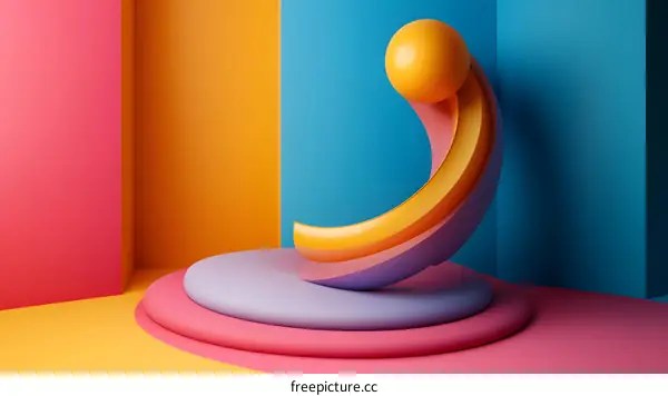 Abstract 3D Design with Colorful Geometric Shapes and a Curved Platform