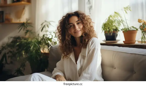 Portrait of a young woman with curly hair sitting on a couch and smiling