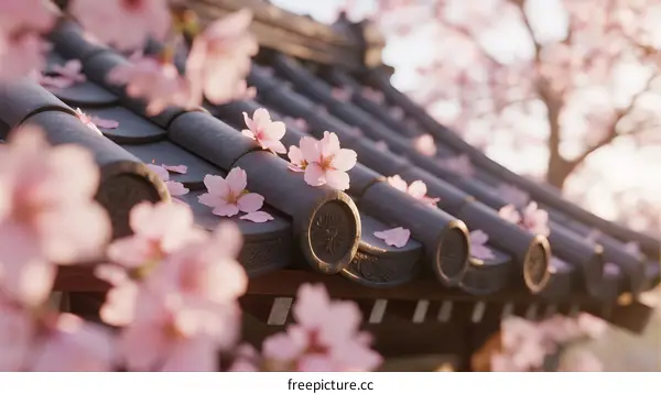 Cherry Blossom Petals on Traditional Asian Roof Tiles