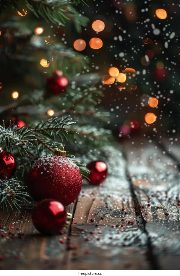 Red Christmas ornaments on a wooden table with a snowy fir branch