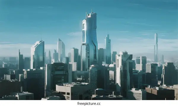 Modern Urban Skyline with Tall Skyscrapers and Clear Blue Sky