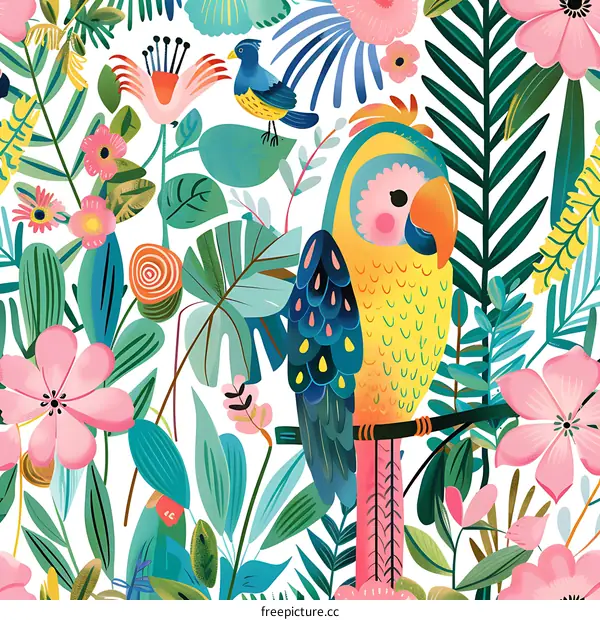 Tropical Parrot Illustration with Flowers and Leaves