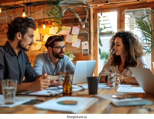 A group of people are having a meeting in the office