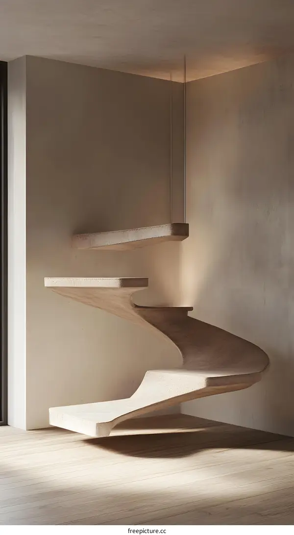 Abstract Minimalist Interior Design with Curved Concrete Shelving