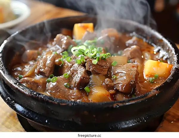 A delicious dish of beef and potatoes in a hot pot.