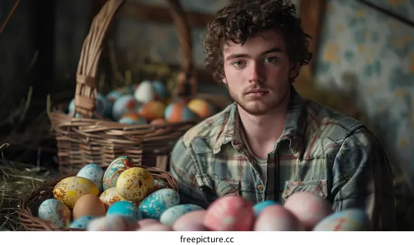 Portrait of a young man with a basket of Easter eggs