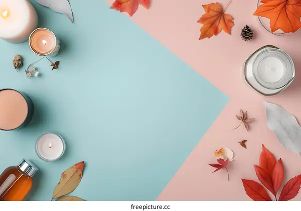 Autumn Leaves and Candles on a Pink and Blue Background