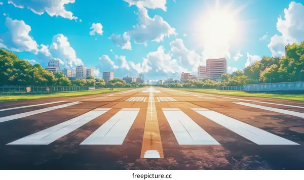 Airport Runway Under Sunny Sky with Cityscape