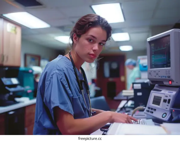 Portrait of a female doctor or nurse using a computer in a hospital.