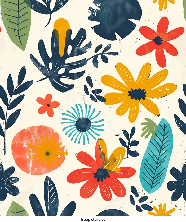 Abstract Floral Pattern with Yellow and Blue Flowers