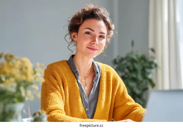 Woman in a mustard yellow cardigan at a desk