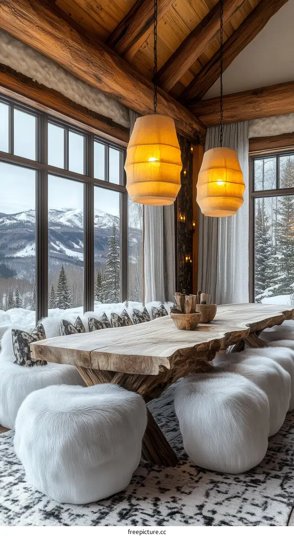 Rustic Mountain Dining Room with Wooden Table and  Pendants