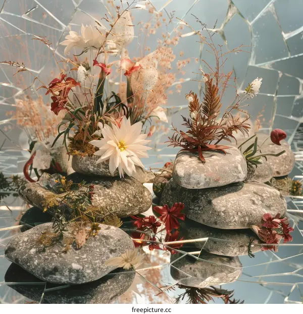 Floral Still Life and Rock Composition