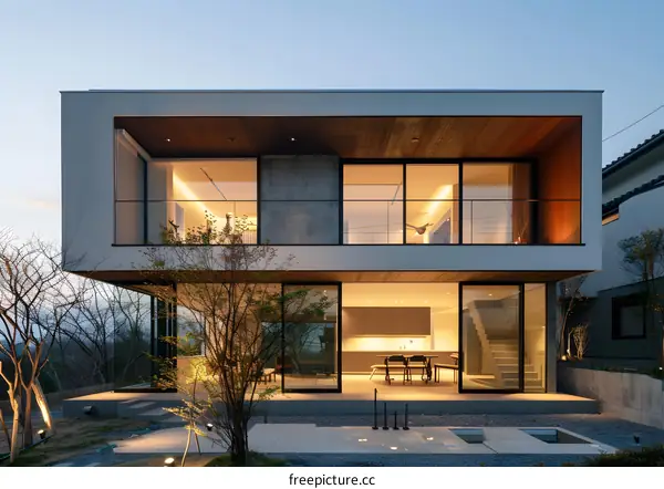 Modern Two Story House with Large Glass Windows and Open Floor Plan