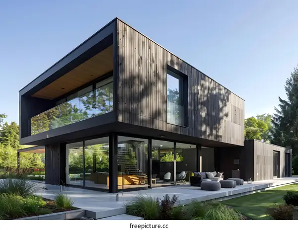 Modern Black Wooden House with Patio