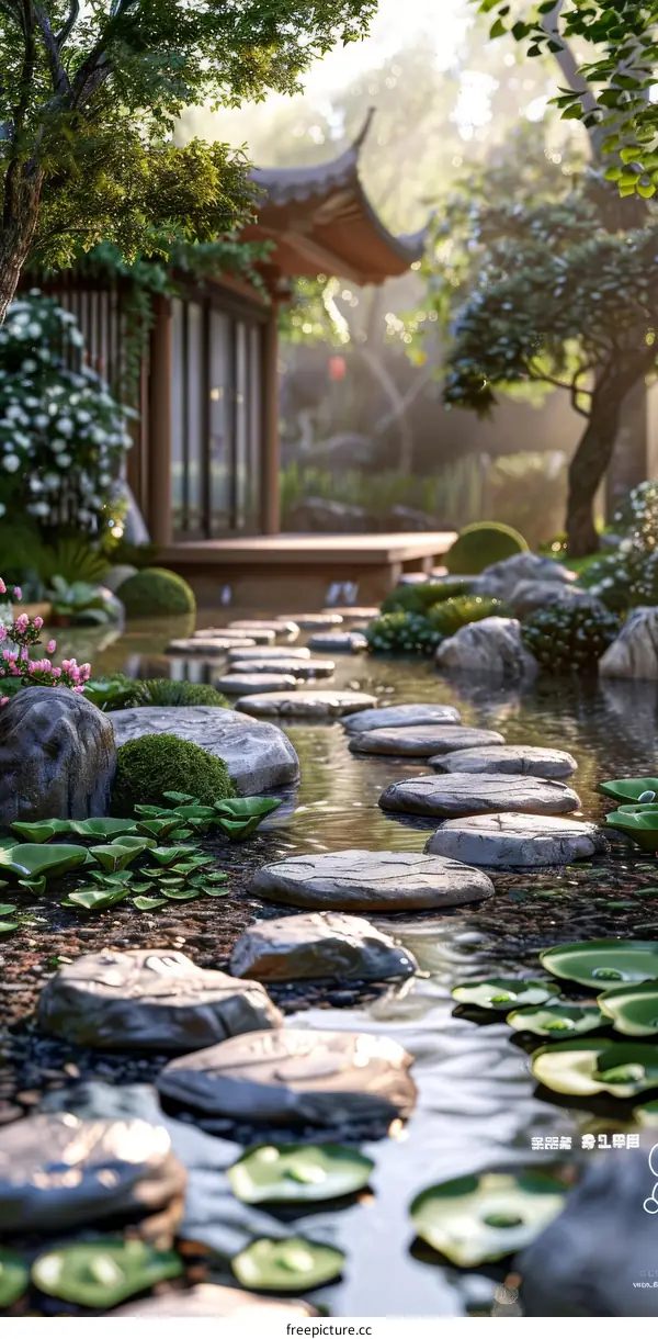 Stepping Stones in a Japanese Garden with a Traditional House in the Distance