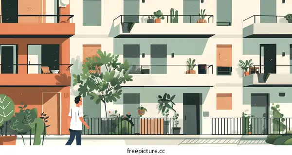 Man Walking Past Modern Apartment Building with Balconies