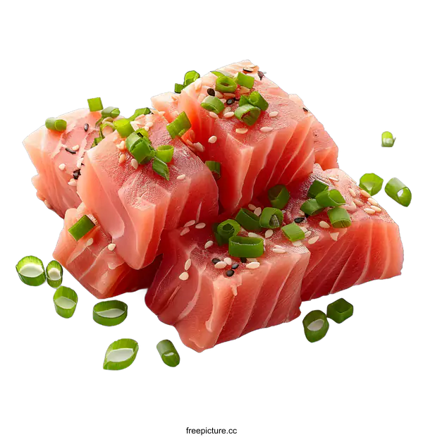 [Transparent Background PNG]Fresh Salmon Sashimi Cubes with Sesame and Scallions