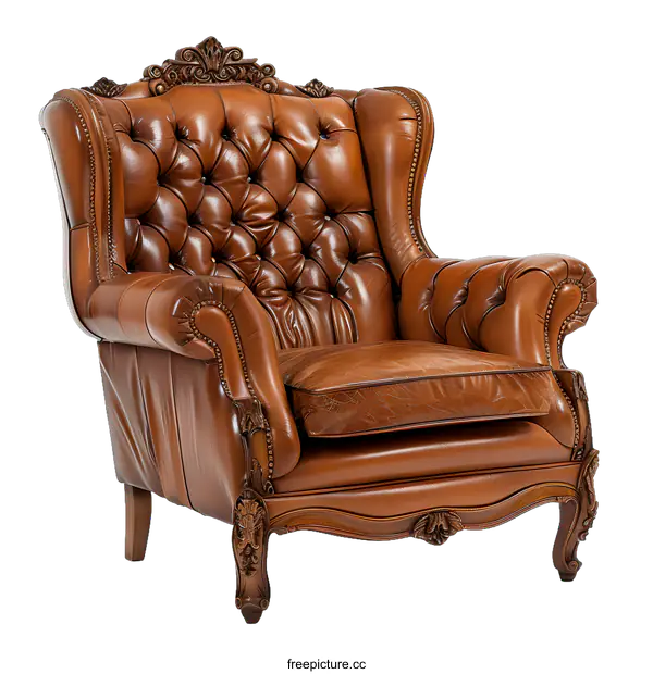 [Transparent Background PNG]Brown Leather Wingback Armchair with Carved Wood Frame