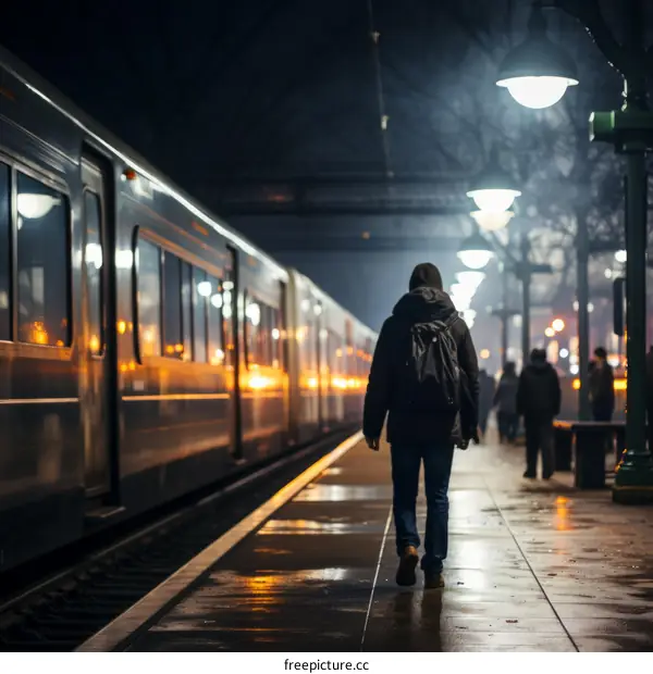 A Man Walks Alone at a Train Station at Night