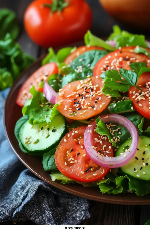 Fresh tomato salad with cucumber, red onion and parsley
