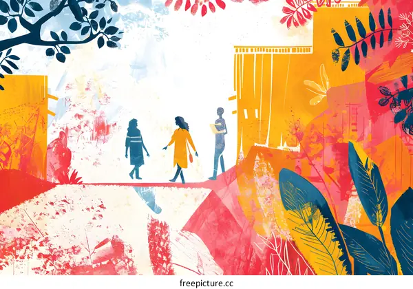 Silhouettes of People Walking Through a Colorful Abstract Landscape