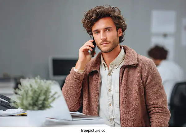 Business Man Talking on Phone in Office