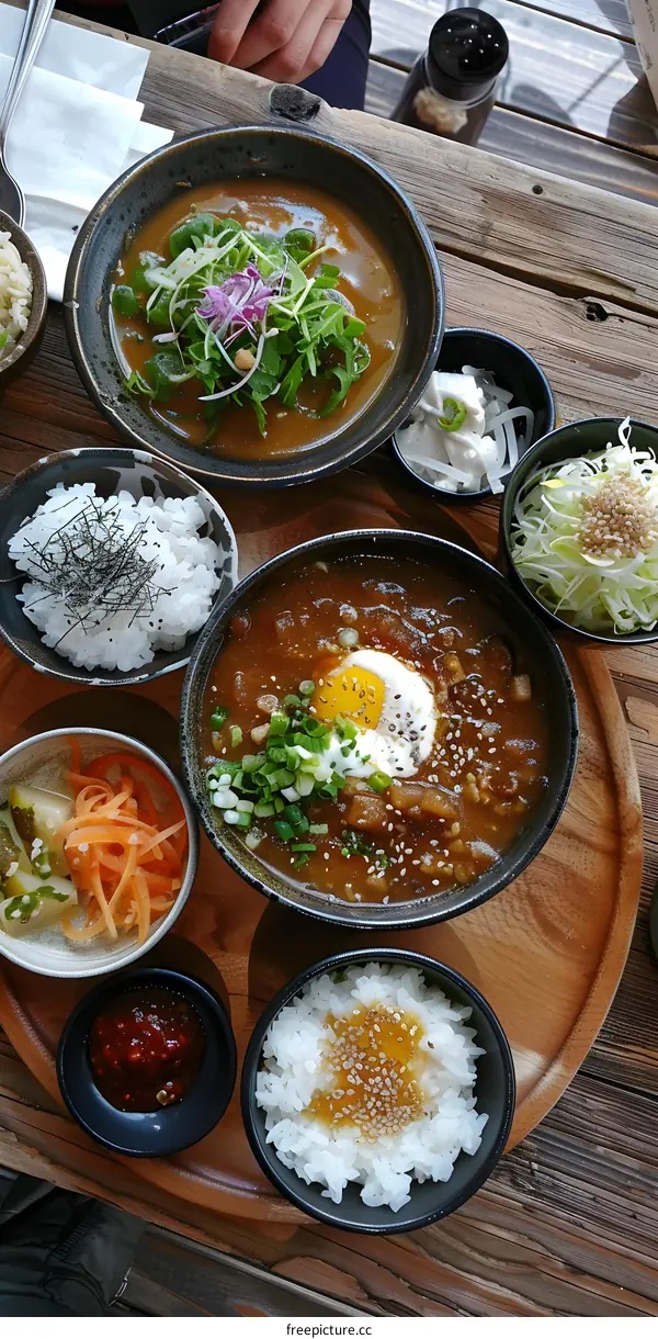 A delicious Japanese curry with rice and side dishes
