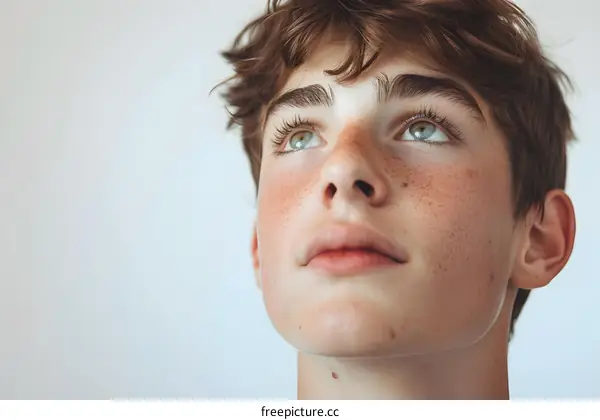 Portrait of a young male with freckles looking up