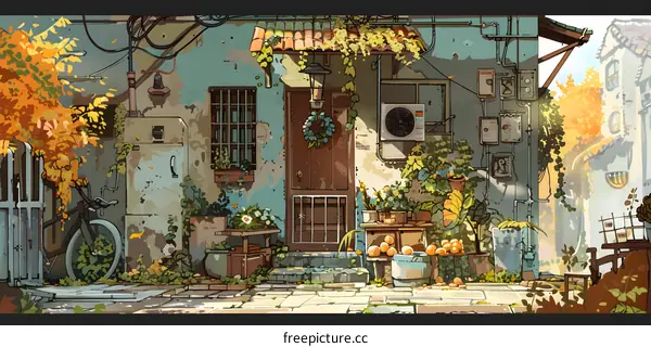 Beautiful  Illustration of an Old House with Orange Trees
