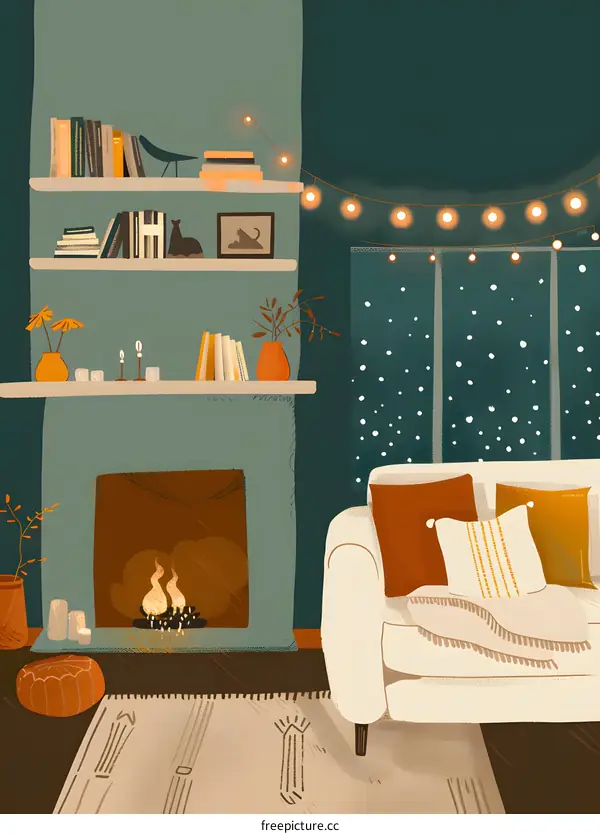 Cozy Living Room With Fireplace And Winter View