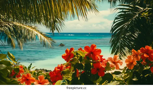 Tropical Beach with Palm Trees and Red Flowers