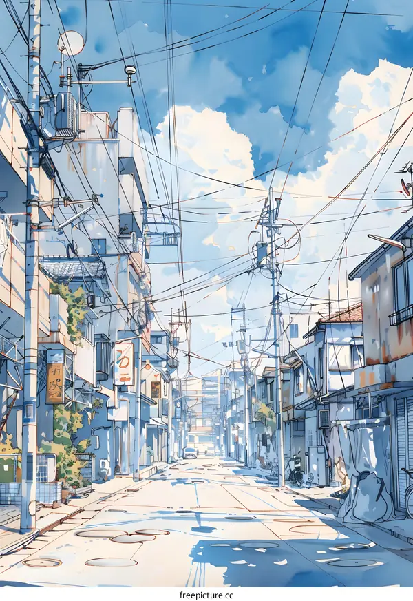 Japanese Street Illustration with Blue Sky