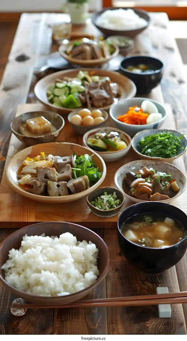 Japanese meal with a variety of dishes on a wooden table