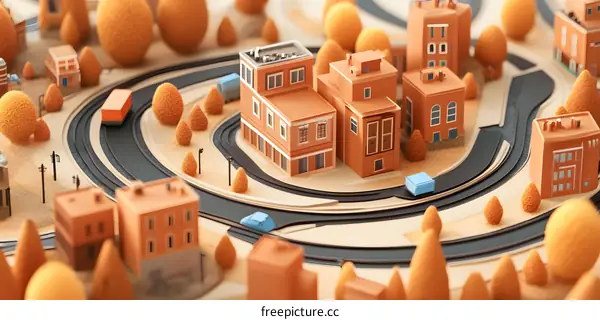 3D Miniature City Model with Buildings, Roads and Trees