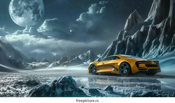 Yellow Sports Car Drives Through Snowy Mountains with Moon Above