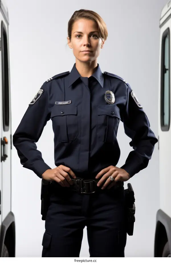 A policewoman in uniform poses with her hands on her hips.