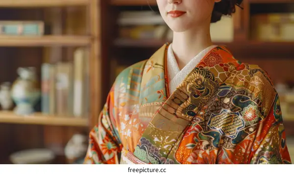 A woman wearing a kimono is standing in a library.