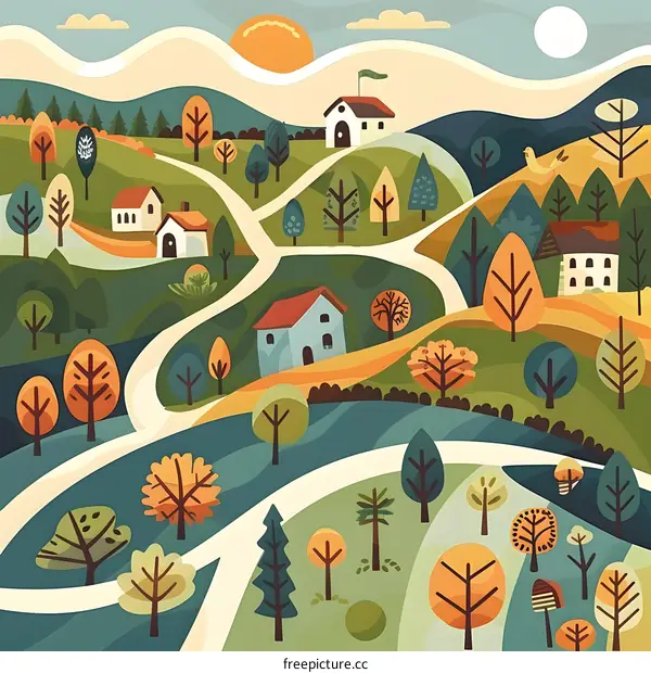 Autumn Landscape With Winding Road And Houses