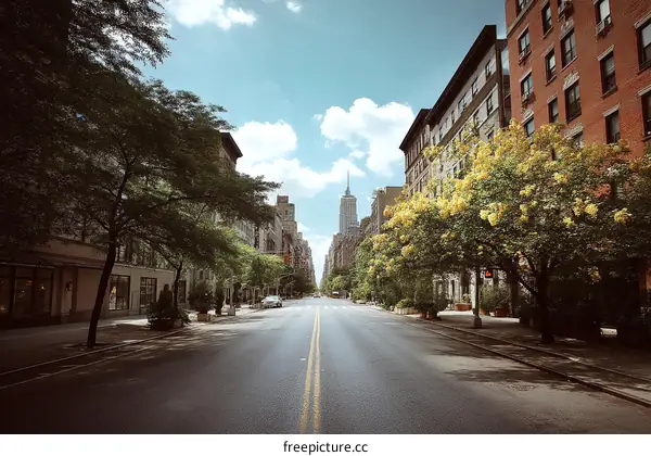 New York City Street Scene with Iconic Skyscraper