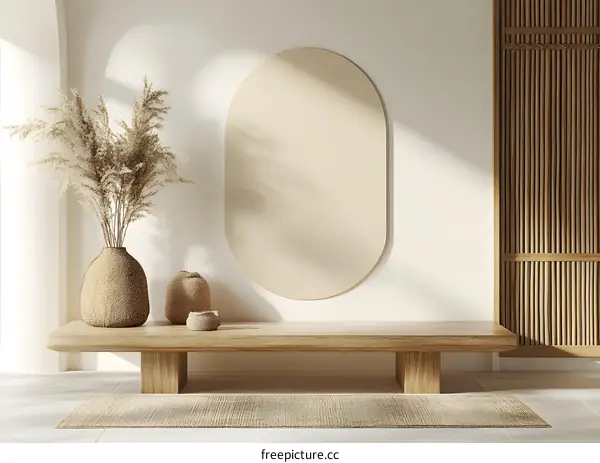 Minimalist Wooden Bench With Oval Shaped Mirror And Pampas Grass Vase