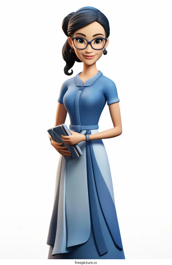 A cartoon illustration of a young woman wearing glasses and a blue dress