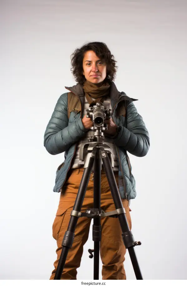 Portrait of a female photographer holding a vintage movie camera